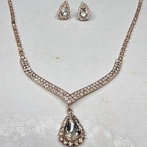 Rose Gold Teardrop Halo Rhinestone Tennis Necklace and Earring Jewelry Set 18"L